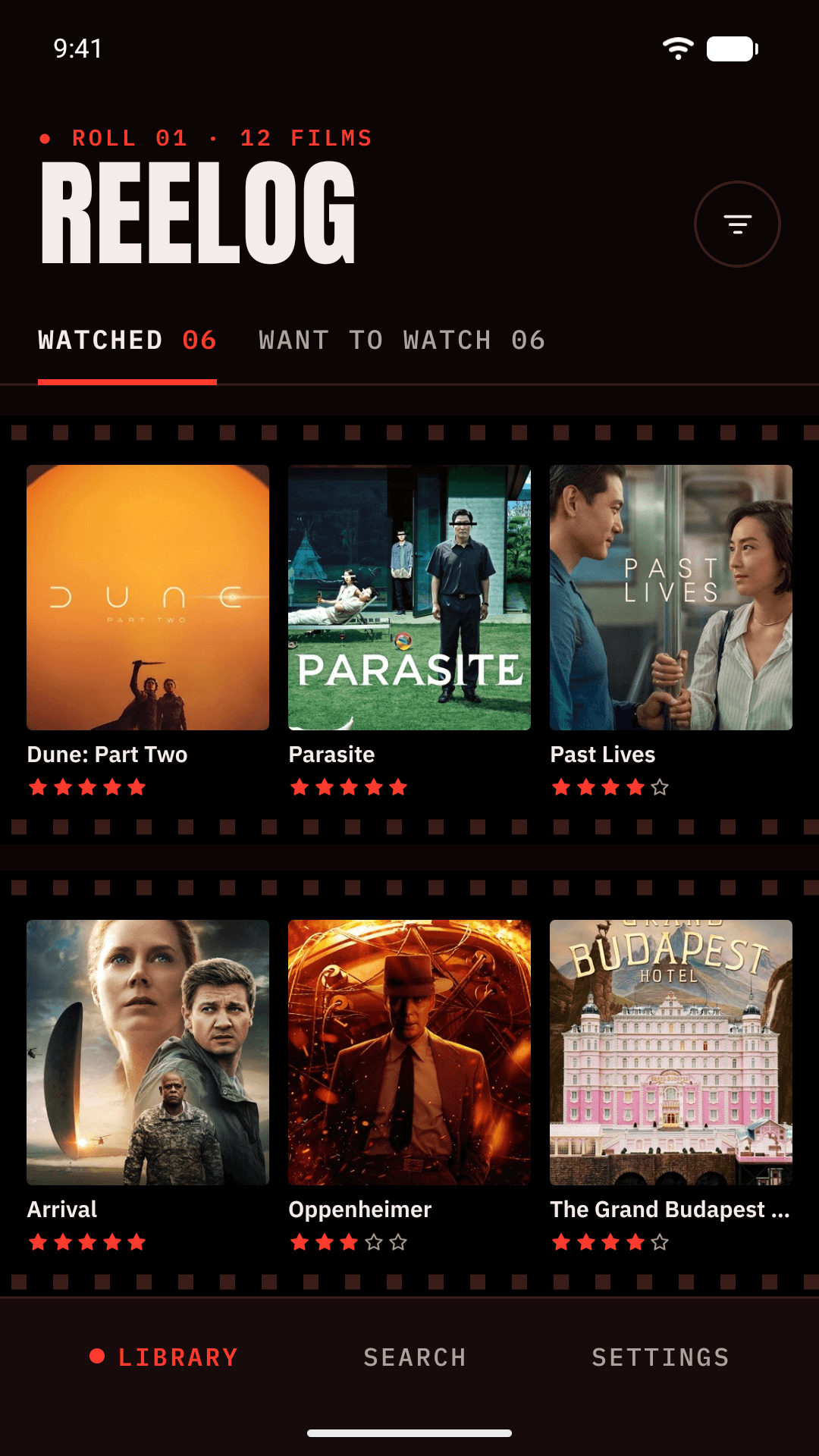 Library, Watched tab: film strips with posters and star ratings