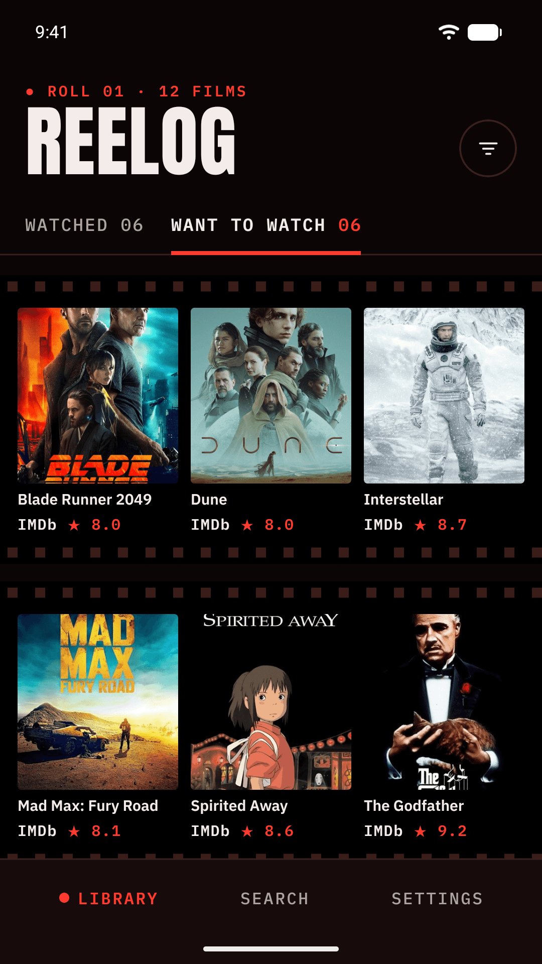 Library, Want to watch tab with IMDb scores