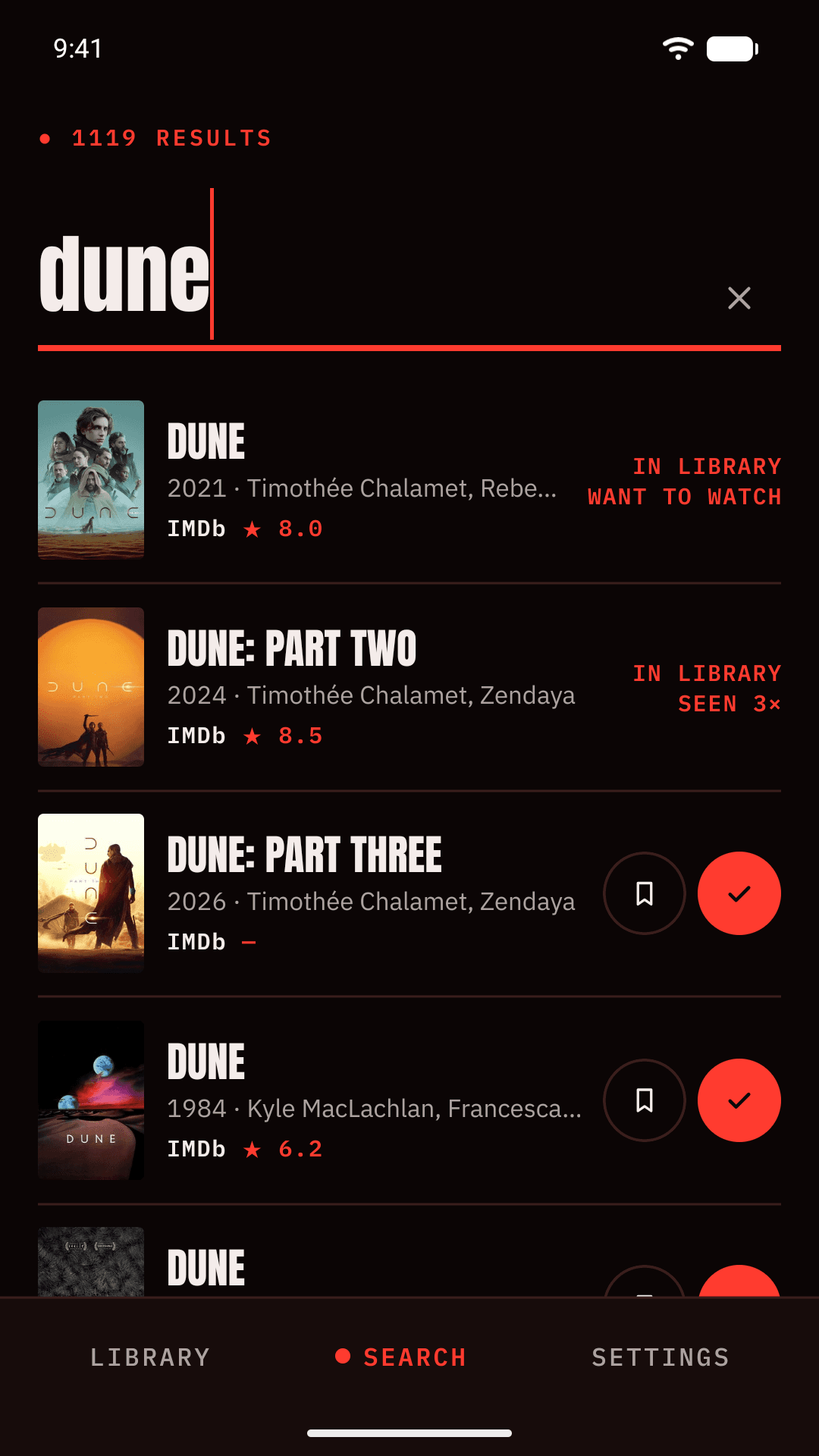 Search results with quick-add buttons